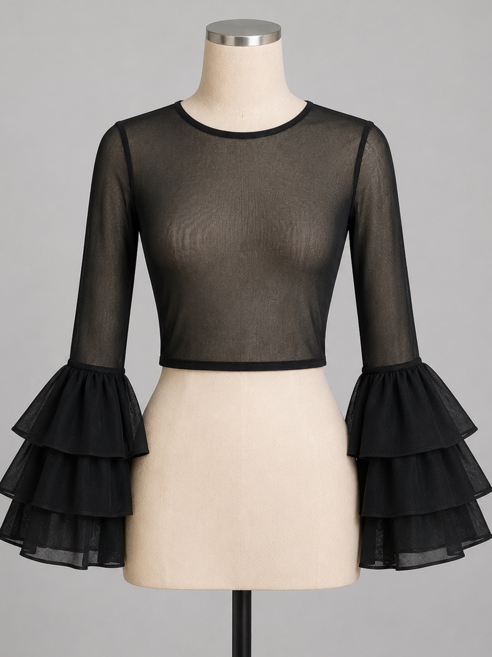 Parisian Runway Black Sheer Ruffle Crop Sh…